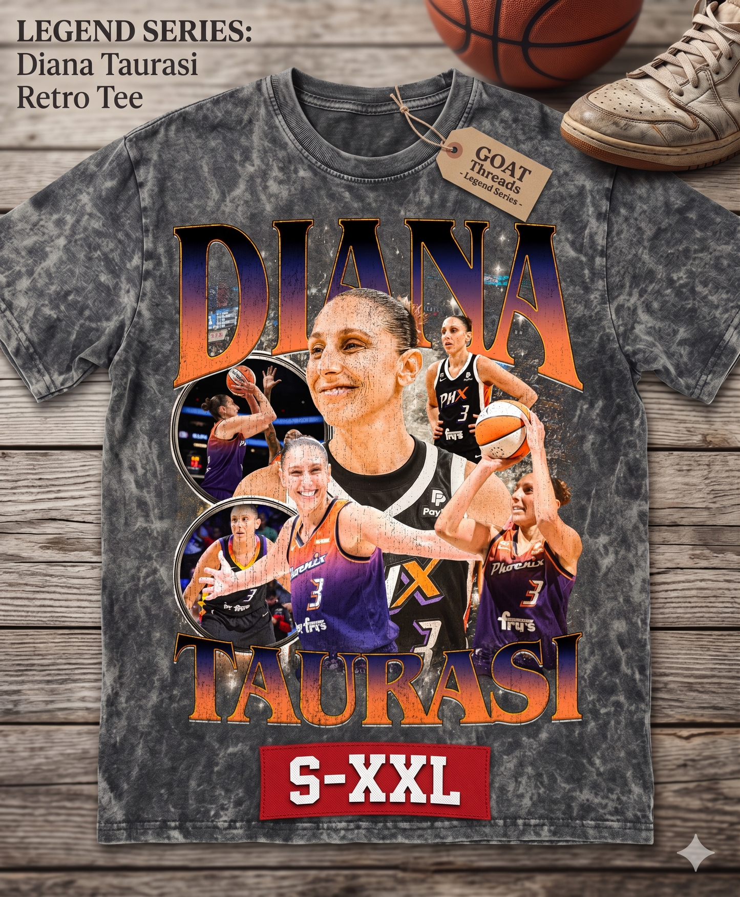 DIANA TAURASI Jumbo Print Acid Washed Vintage 90s Style Heavyweight T-Shirt