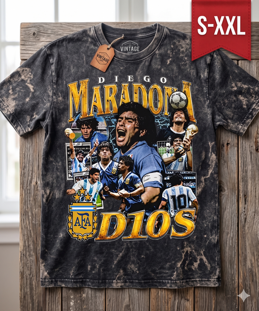 DIEGO MARDONA Jumbo Print Acid Washed Vintage 90s Style Heavyweight T-Shirt
