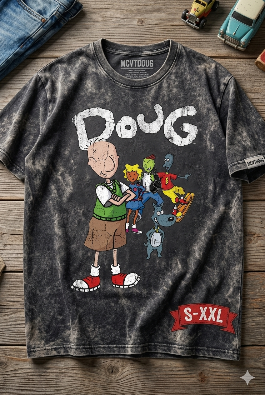 DOUG Jumbo Print Acid Washed Vintage 90s Style Heavyweight T-Shirt