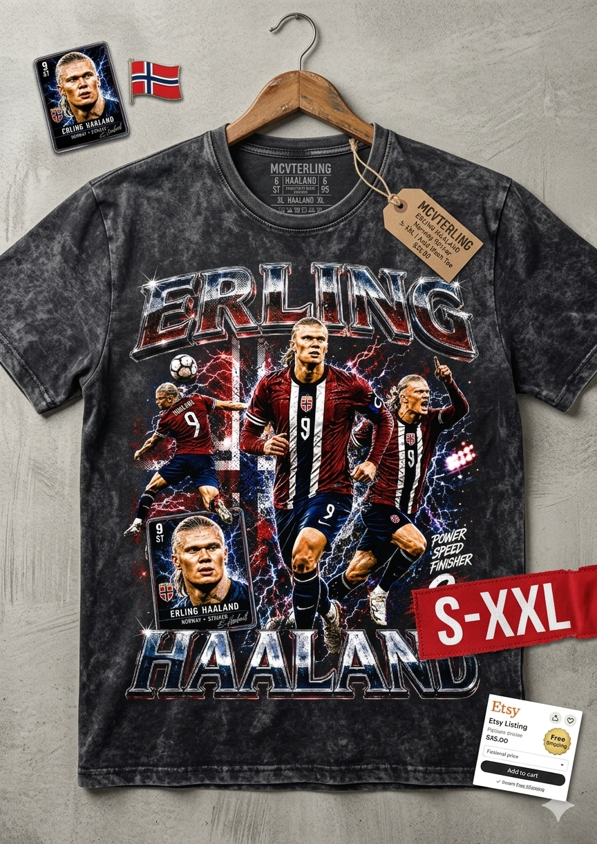ERLING HAALAND Jumbo Print Acid Washed Vintage 90s Style Heavyweight T-Shirt