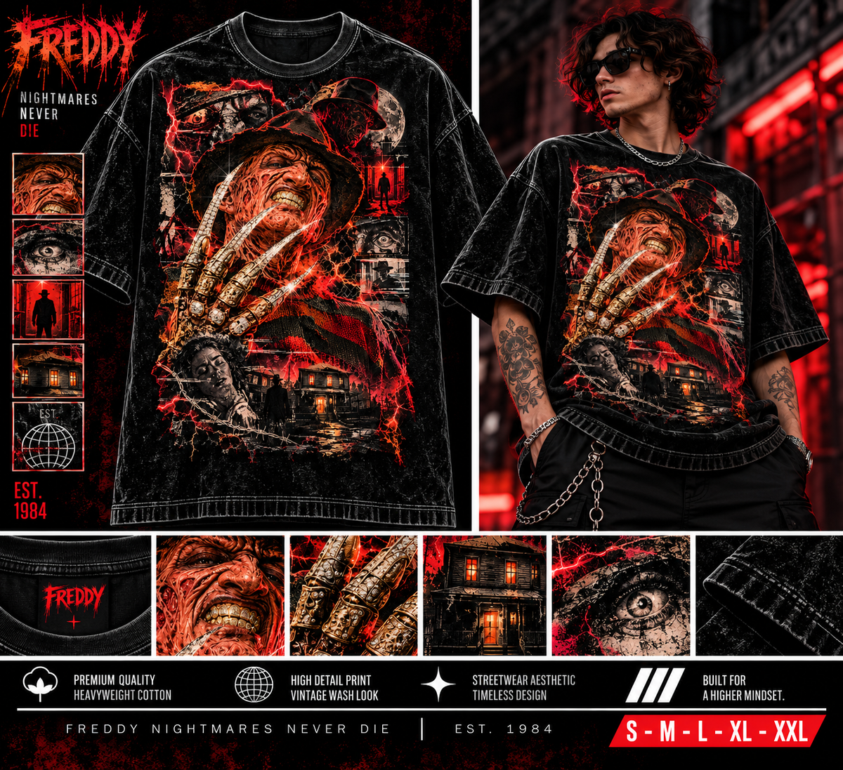 FREDDY NIGHTMARE ICONIC SERIES Jumbo Print Acid Washed Vintage 90s Style Heavyweight T-Shirt