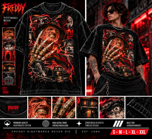 FREDDY NIGHTMARE ICONIC SERIES Jumbo Print Acid Washed Vintage 90s Style Heavyweight T-Shirt