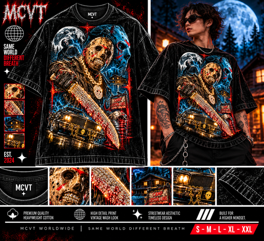 FRIDAY 13TH ICONIC SERIES Jumbo Print Acid Washed Vintage 90s Style Heavyweight T-Shirt