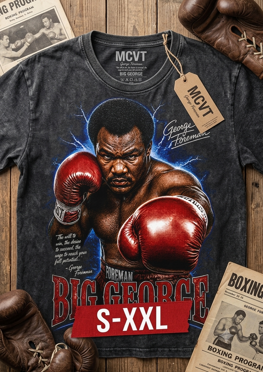 BOXING LEGENDS FOREMAN Jumbo Print Acid Washed Vintage 90s Style Heavyweight T-Shirt