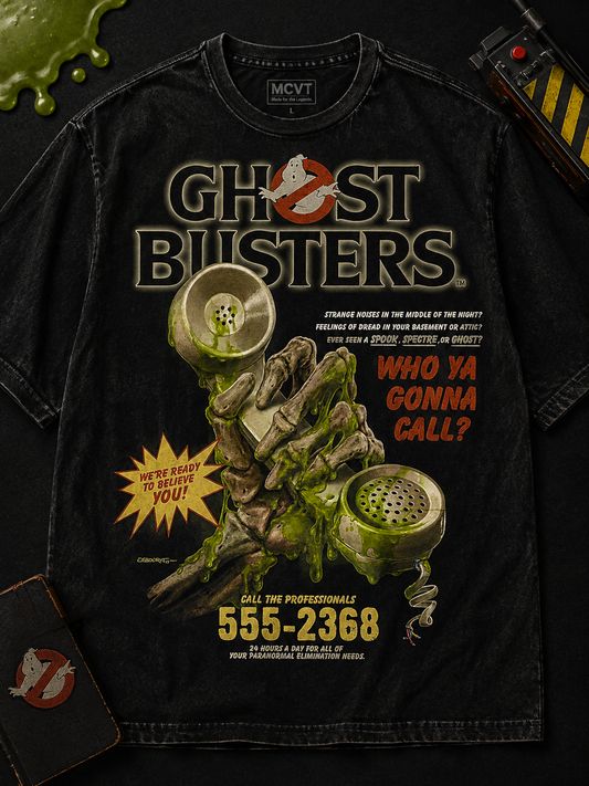GHOSTBUSTERS ICONIC SERIES Jumbo Print Acid Washed Vintage 90s Style Heavyweight T-Shirt