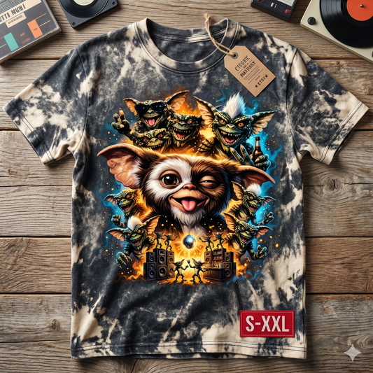 GIZMO Jumbo Print Acid Washed Vintage 90s Style Heavyweight T Shirt