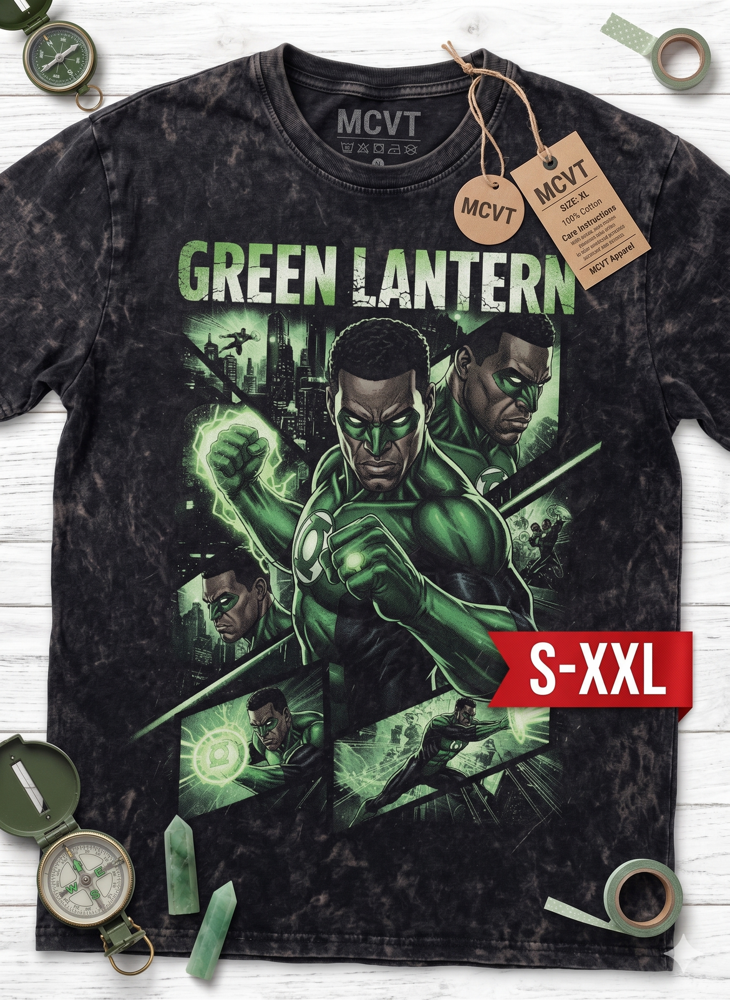 GREEN LANTERN Jumbo Print Acid Washed Vintage 90s Style Heavyweight T-Shirt