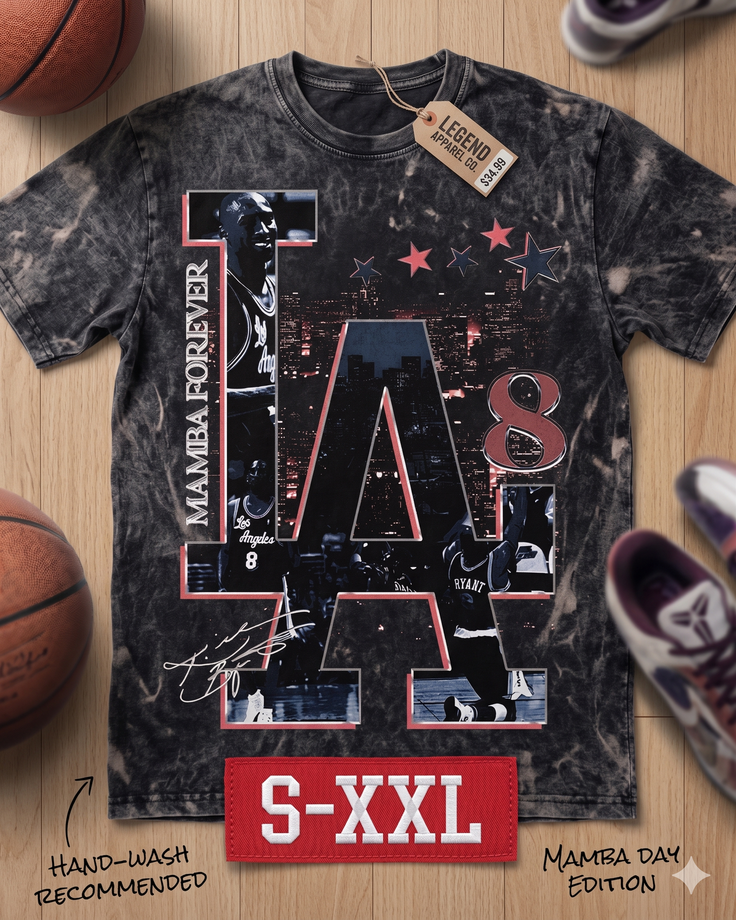LA KOBE Jumbo Print Acid Washed Vintage 90s Style Heavyweight T Shirt