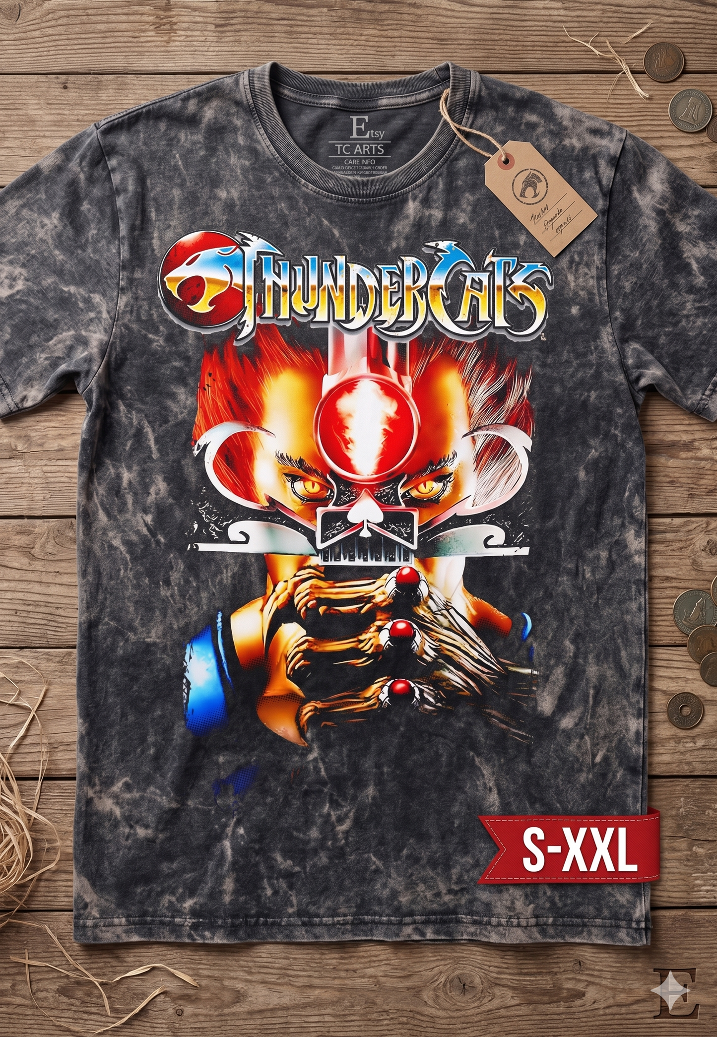 THUNDERCATS Jumbo Print Acid Washed Vintage 90s Style Heavyweight T Shirt