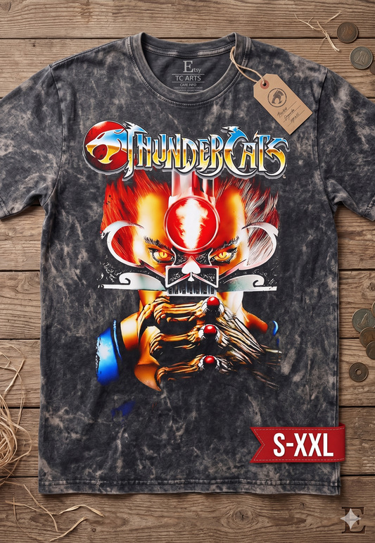 THUNDERCATS Jumbo Print Acid Washed Vintage 90s Style Heavyweight T Shirt