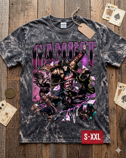 GAMBIT Jumbo Print Acid Washed Vintage 90s Style Heavyweight T Shirt