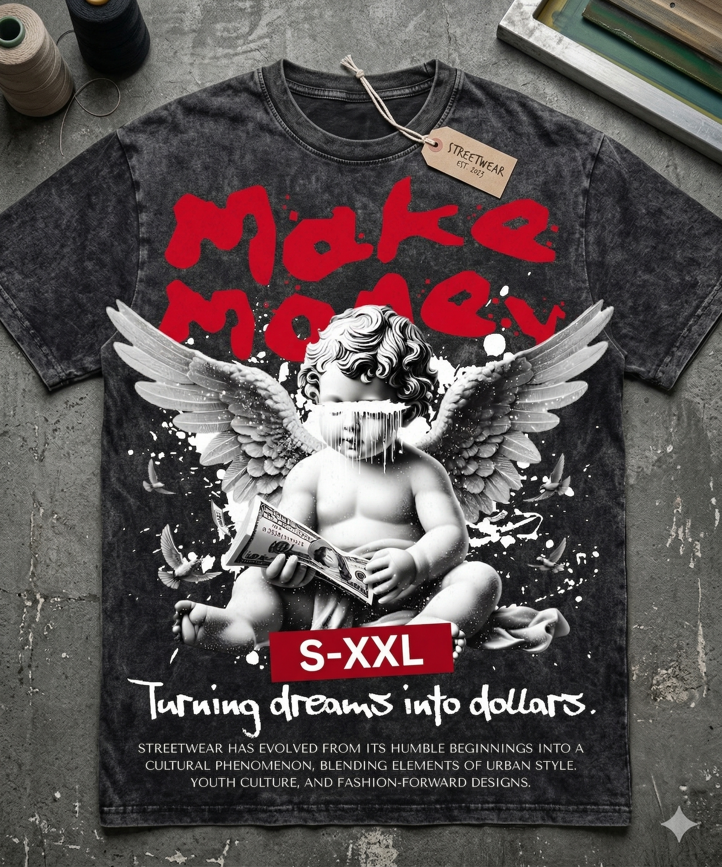 MAKE MONEY Jumbo Print Acid Washed Vintage 90s Style Heavyweight T Shirt