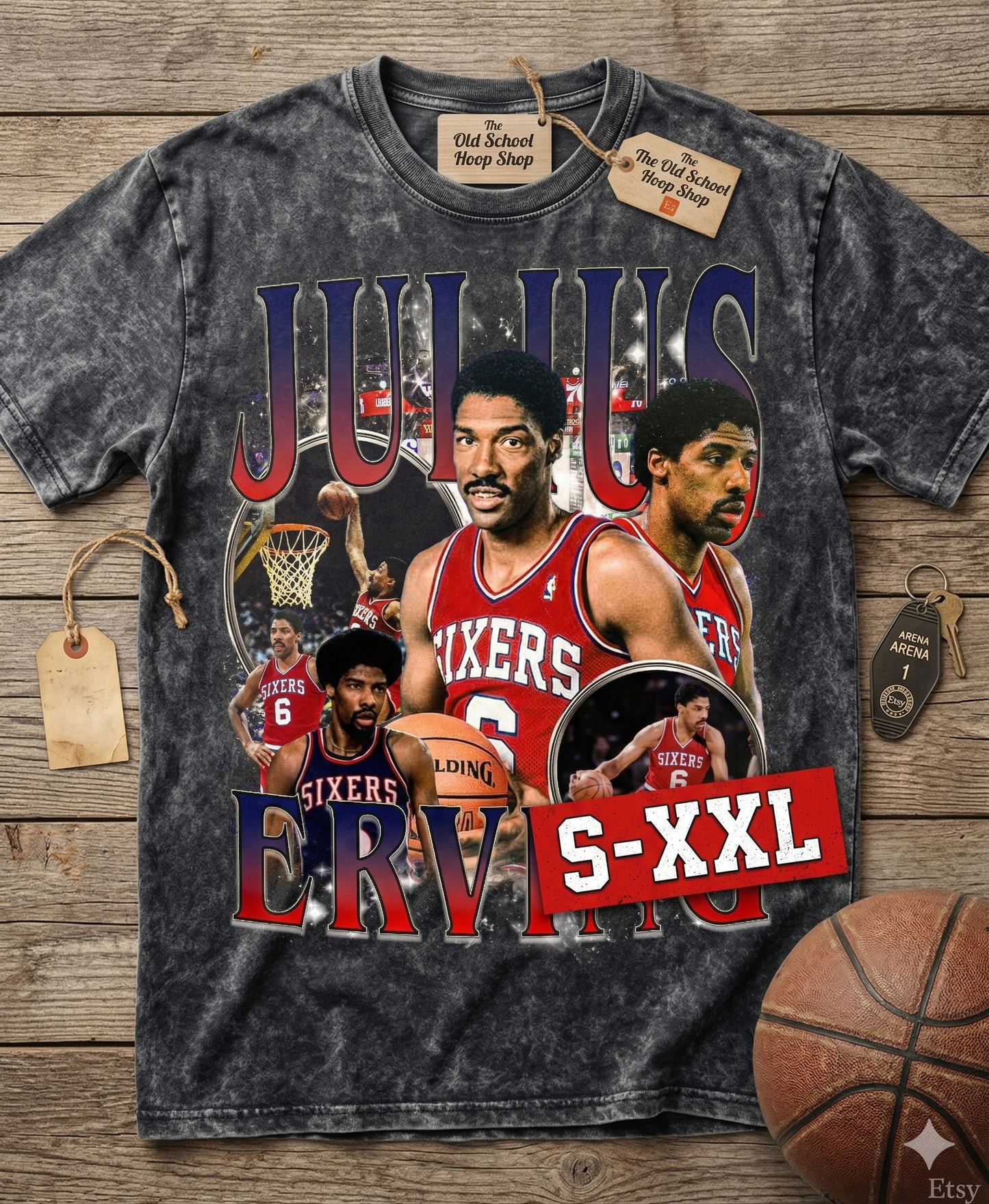 JULIUS ERVING Jumbo Print Acid Washed Vintage 90s Style Heavyweight T Shirt