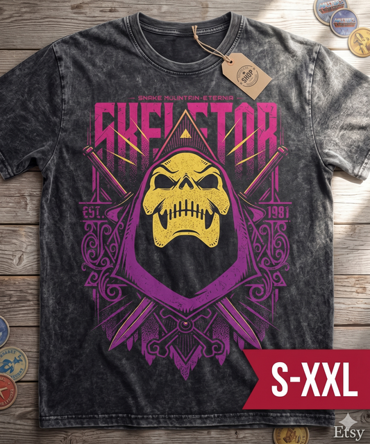 SKELETOR Jumbo Print Acid Washed Vintage 90s Style Heavyweight T Shirt