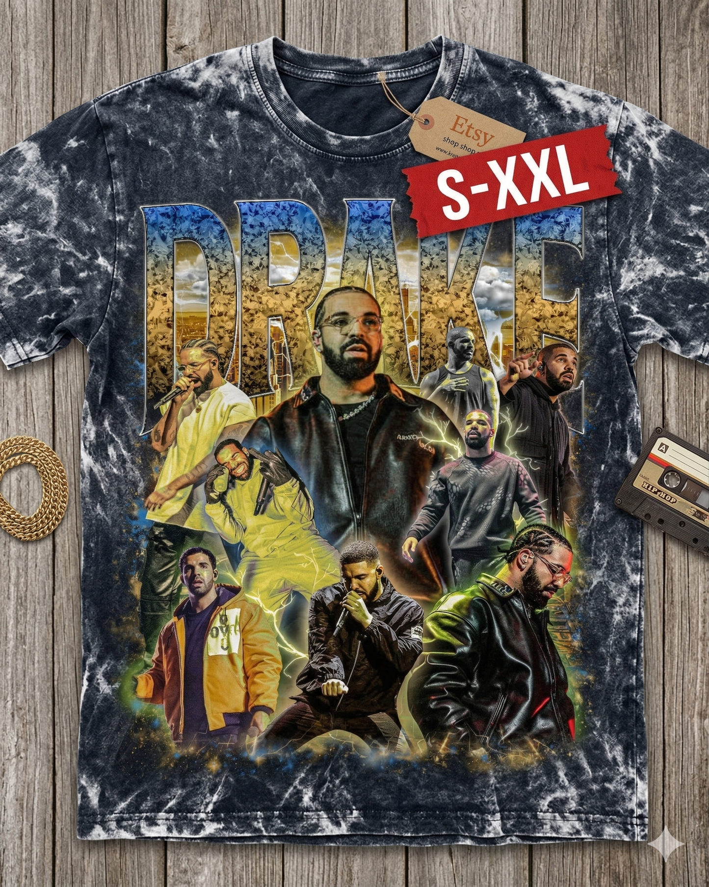 DRAKE Jumbo Print Acid Washed Vintage 90s Style Heavyweight T Shirt