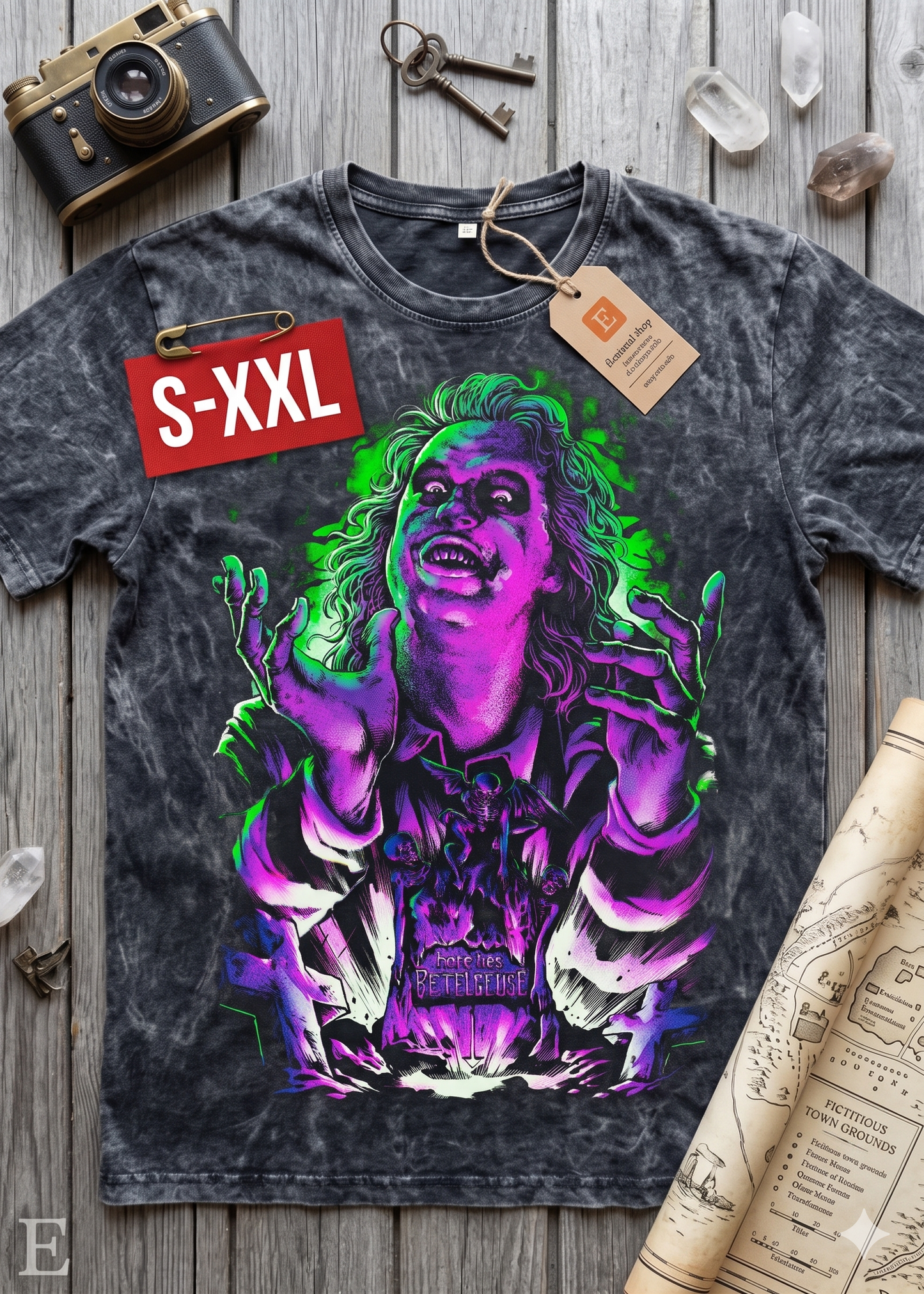 BEETLEJUICE Jumbo Print Acid Washed Vintage 90s Style Heavyweight T Shirt