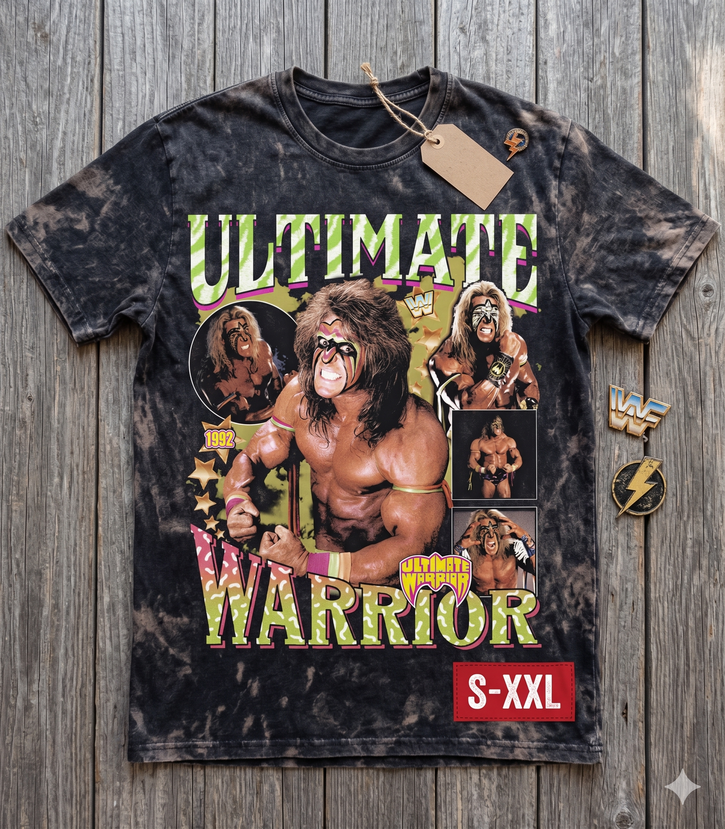 ULTIMATE WARRIOR Jumbo Print Acid Washed Vintage 90s Style Heavyweight T Shirt