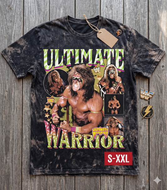 ULTIMATE WARRIOR Jumbo Print Acid Washed Vintage 90s Style Heavyweight T Shirt