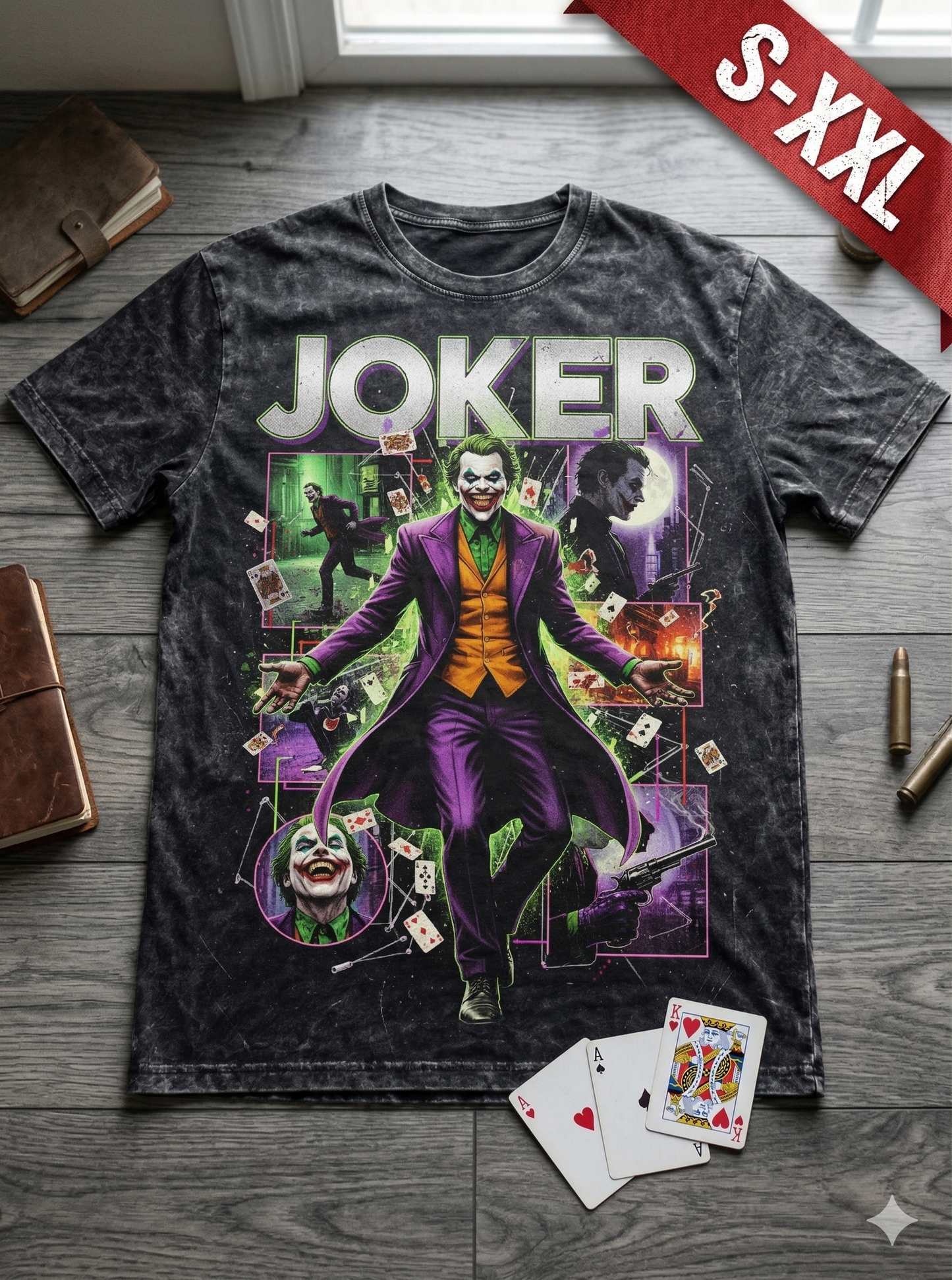 THE JOKER Jumbo Print Acid Washed Vintage 90s Style Heavyweight T Shirt
