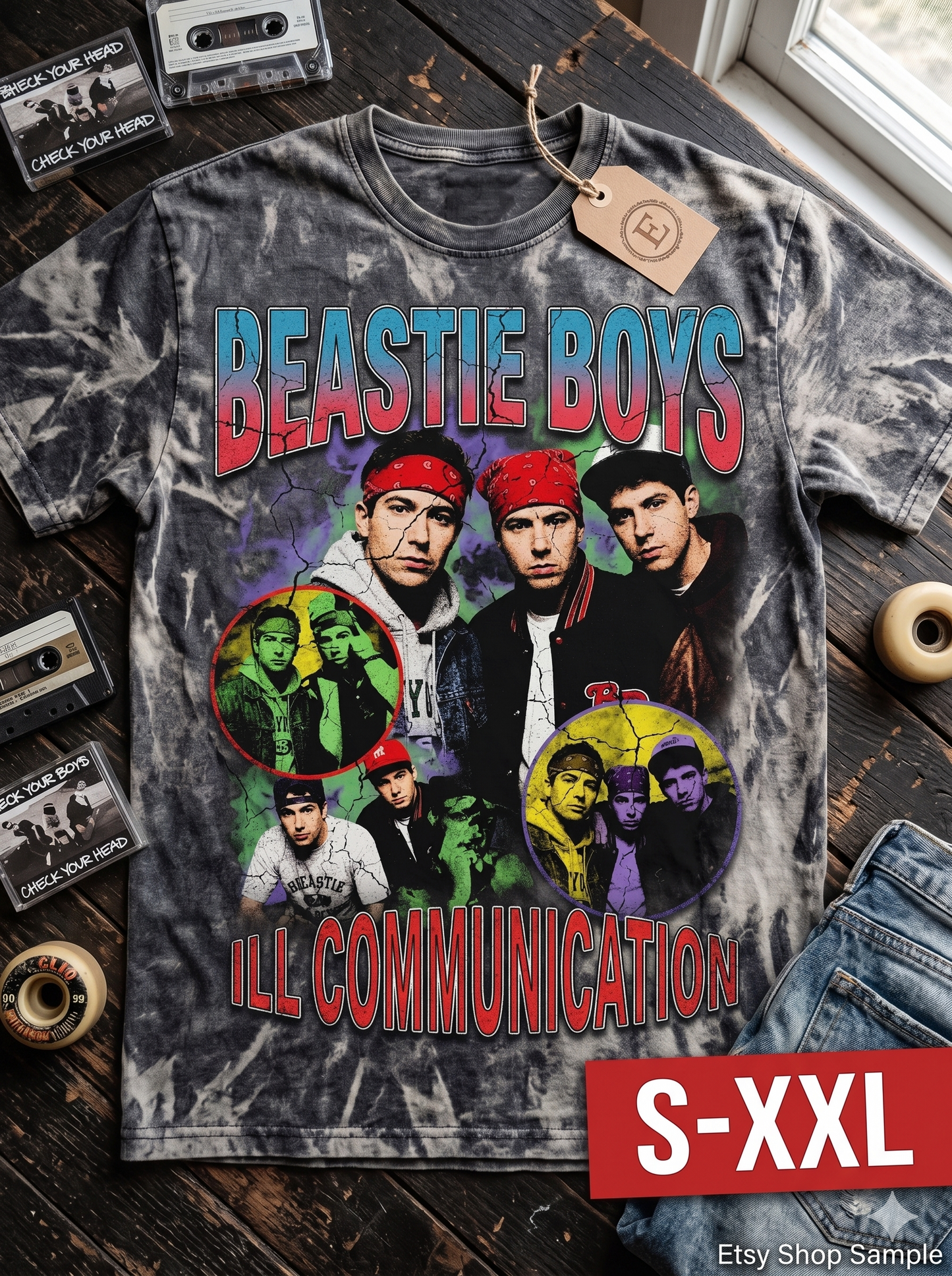 BEASTIE BOYS Jumbo Print Acid Washed Vintage 90s Style Heavyweight T Shirt