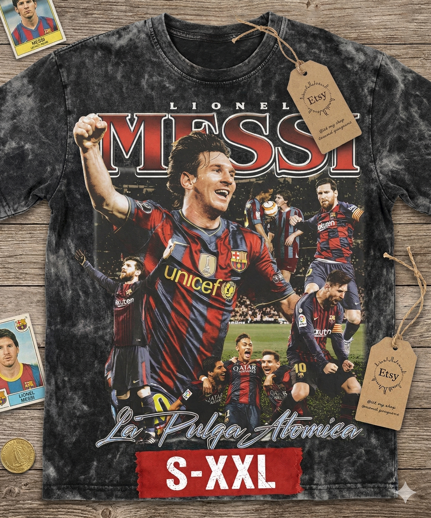 LIONEL MESSI Jumbo Print Acid Washed Vintage 90s Style Heavyweight T Shirt
