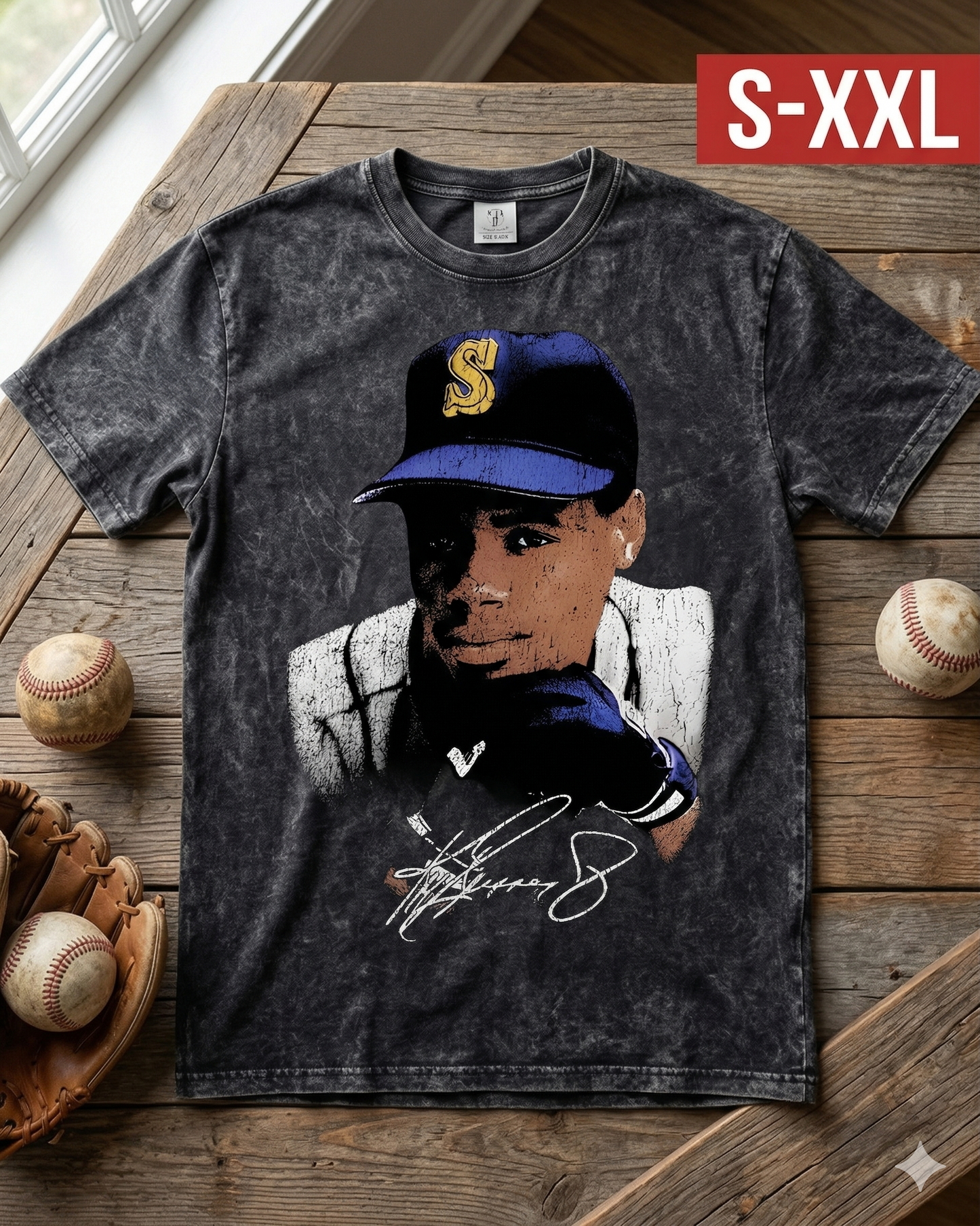 KEN GRIFFEY JR BIG FACE Jumbo Print Acid Washed Vintage 90s Style Heavyweight T Shirt