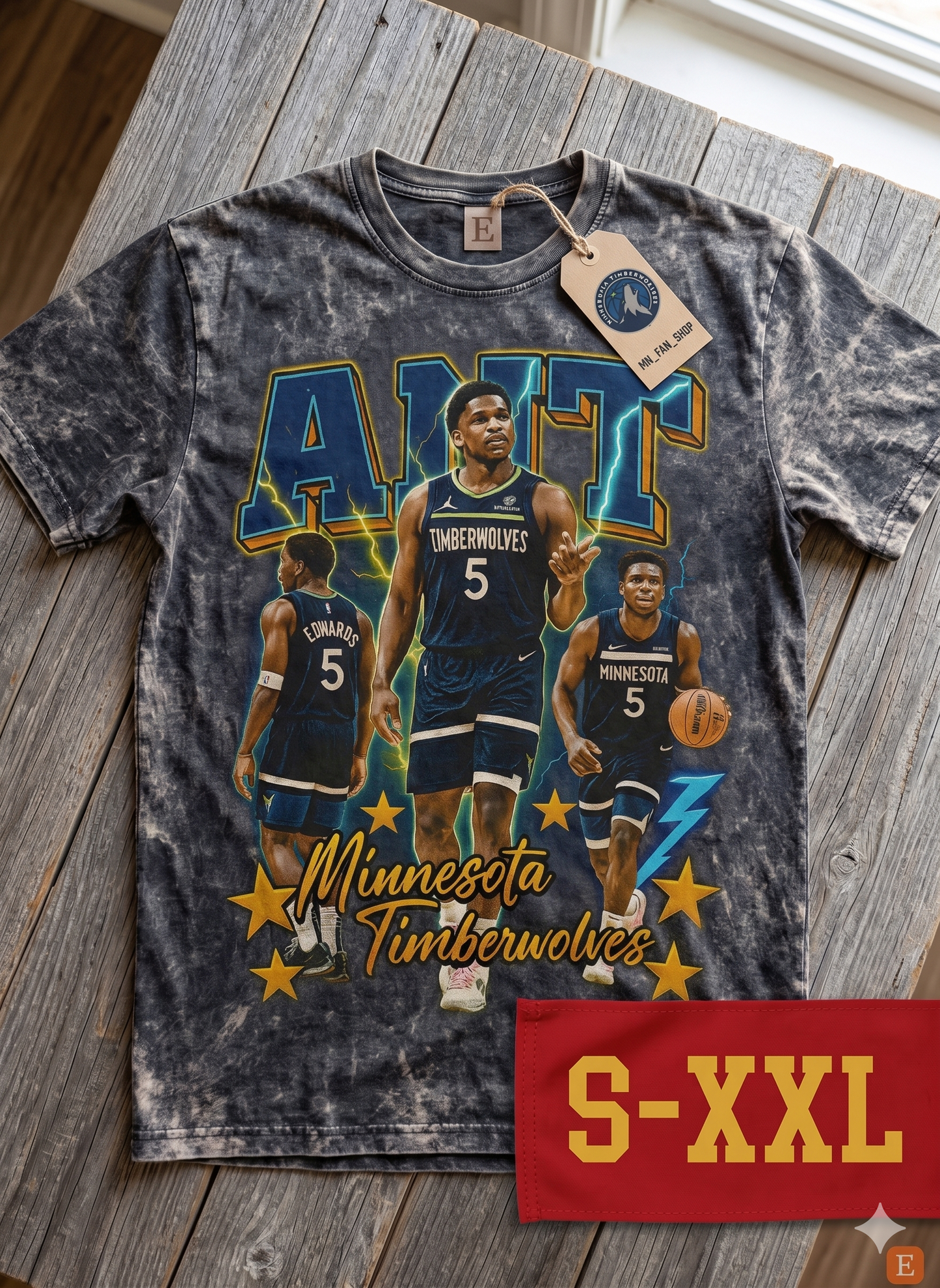 ANTHONY EDWARDS Jumbo Print Acid Washed Vintage 90s Style Heavyweight T Shirt