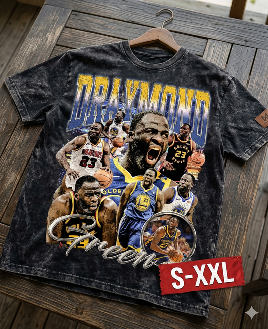 DRAYMOND GREEN Jumbo Print Acid Washed Vintage 90s Style Heavyweight T Shirt