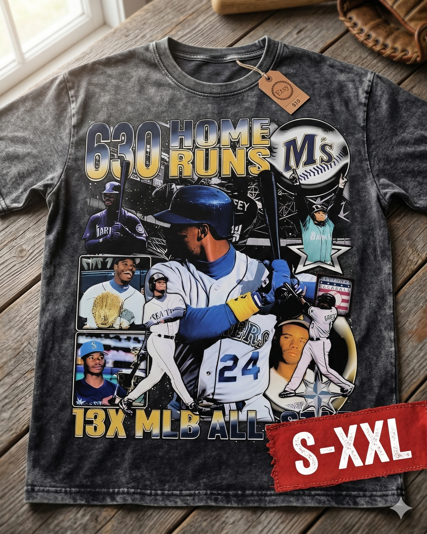 KEN GRIFFEY JR Jumbo Print Acid Washed Vintage 90s Style Heavyweight T Shirt