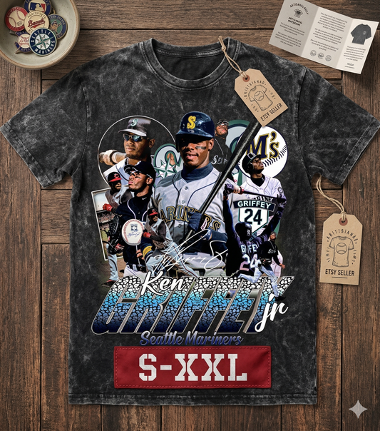 KEN GRIFFEY JR Jumbo Print Acid Washed Vintage 90s Style Heavyweight T Shirt