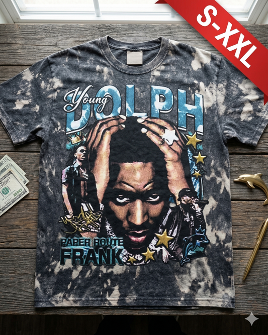 YOUNG DOLPH Jumbo Print Acid Washed Vintage 90s Style Heavyweight T Shirt