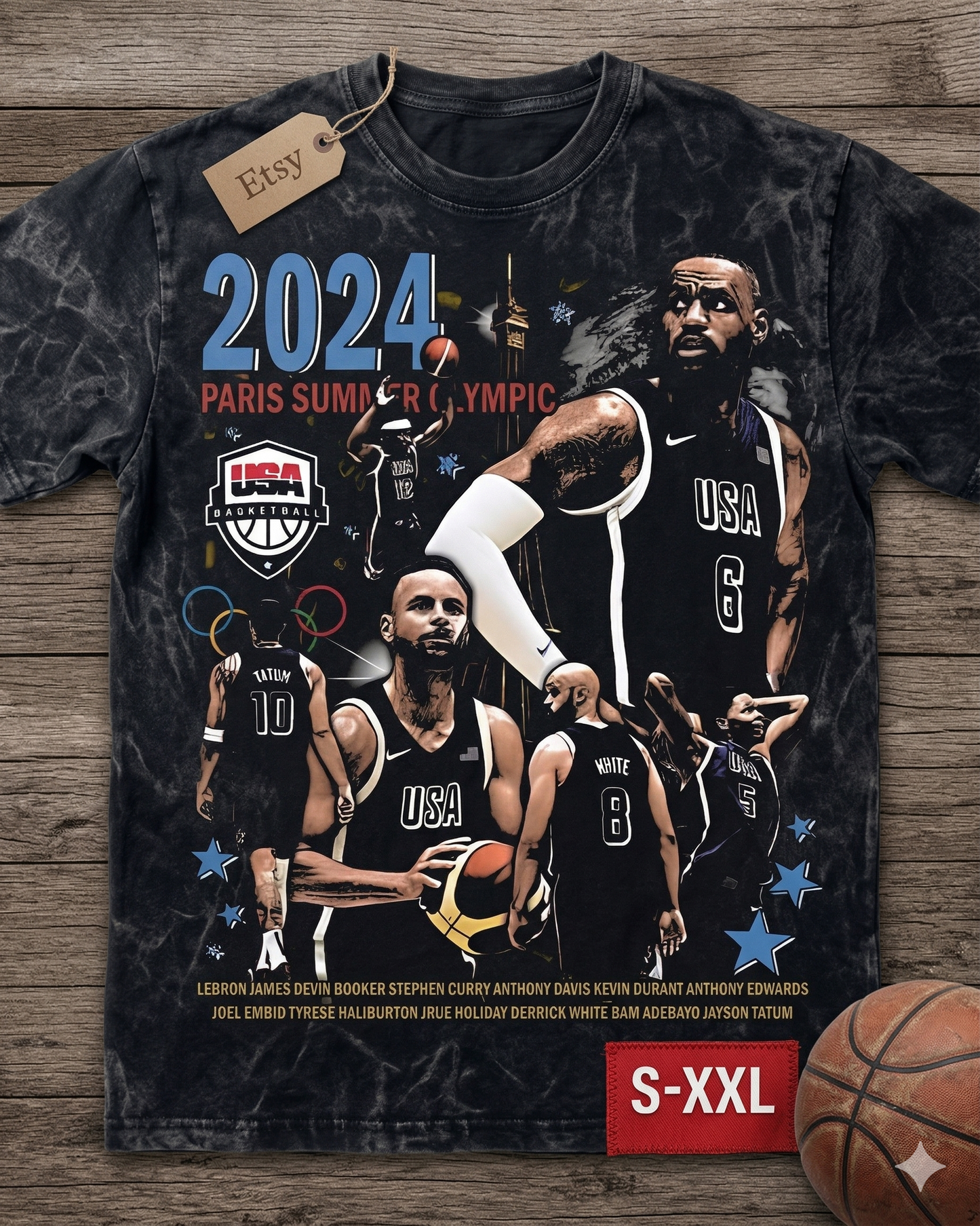 2024 USA GOLD Jumbo Print Acid Washed Vintage 90s Style Heavyweight T Shirt