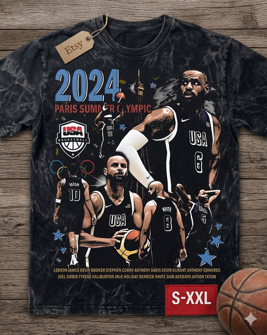 2024 USA GOLD Jumbo Print Acid Washed Vintage 90s Style Heavyweight T Shirt