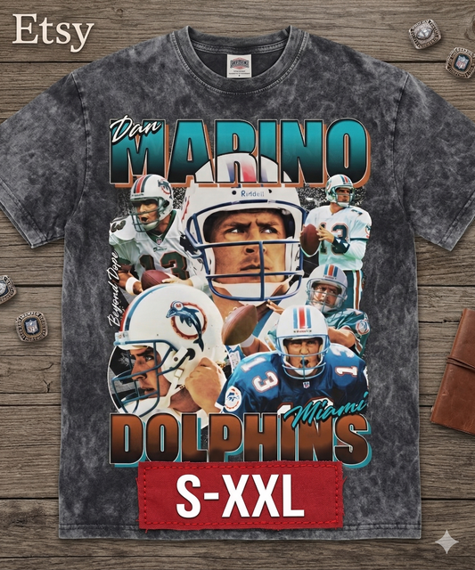 DAN MARINO Jumbo Print Acid Washed Vintage 90s Style Heavyweight T Shirt