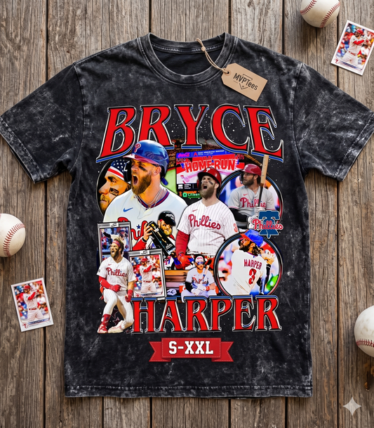 BRYCE HARPER Jumbo Print Acid Washed Vintage 90s Style Heavyweight T Shirt
