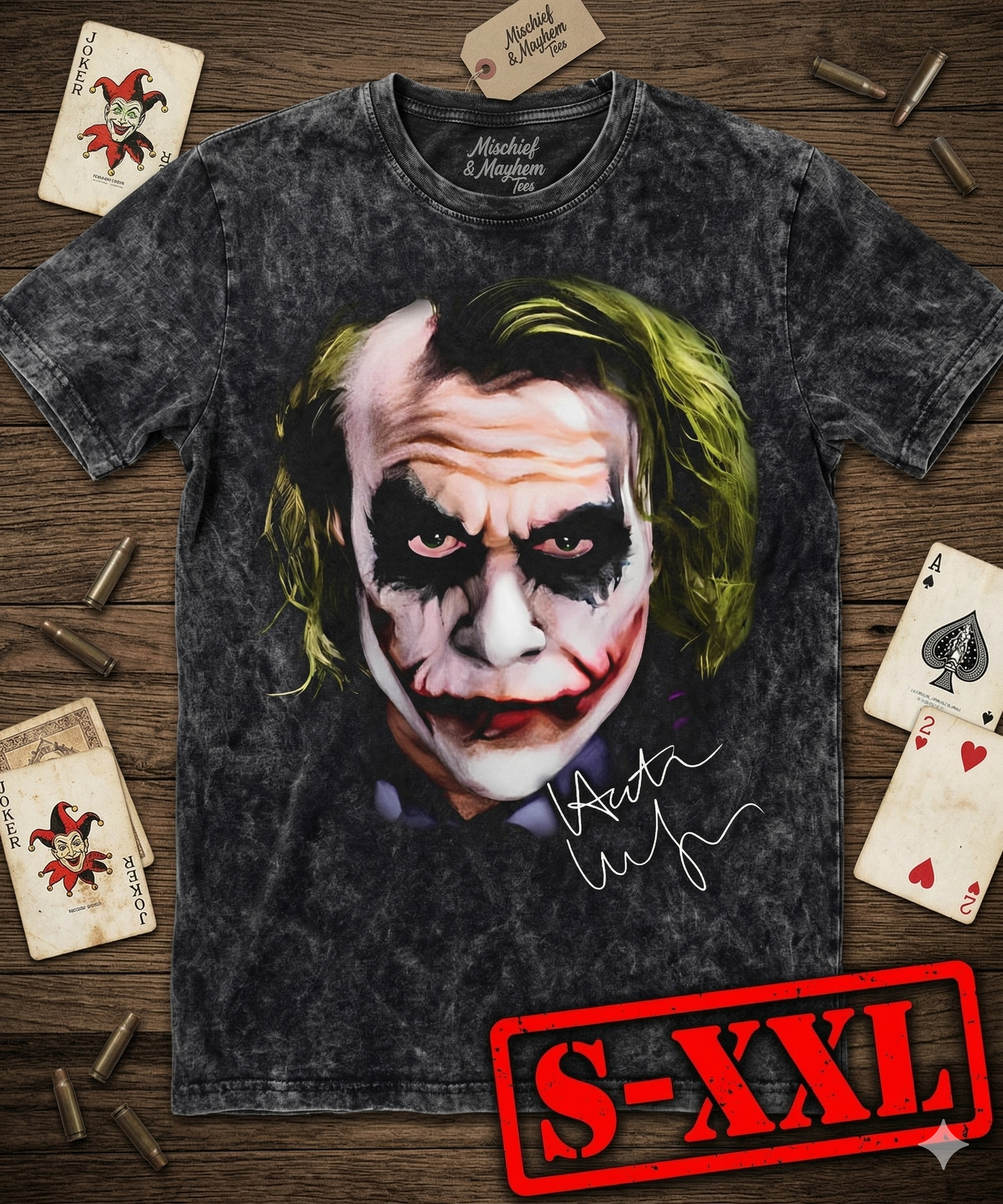 JOKER BIG FACE Jumbo Print Acid Washed Vintage 90s Style Heavyweight T Shirt