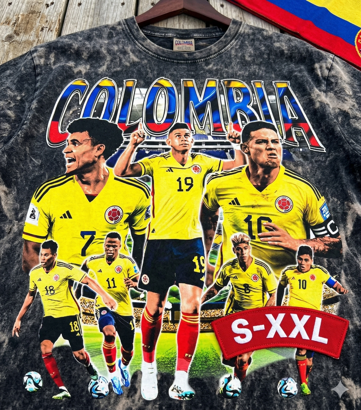 COLOMBIA SOCCER Jumbo Print Acid Washed Vintage 90s Style Heavyweight T Shirt