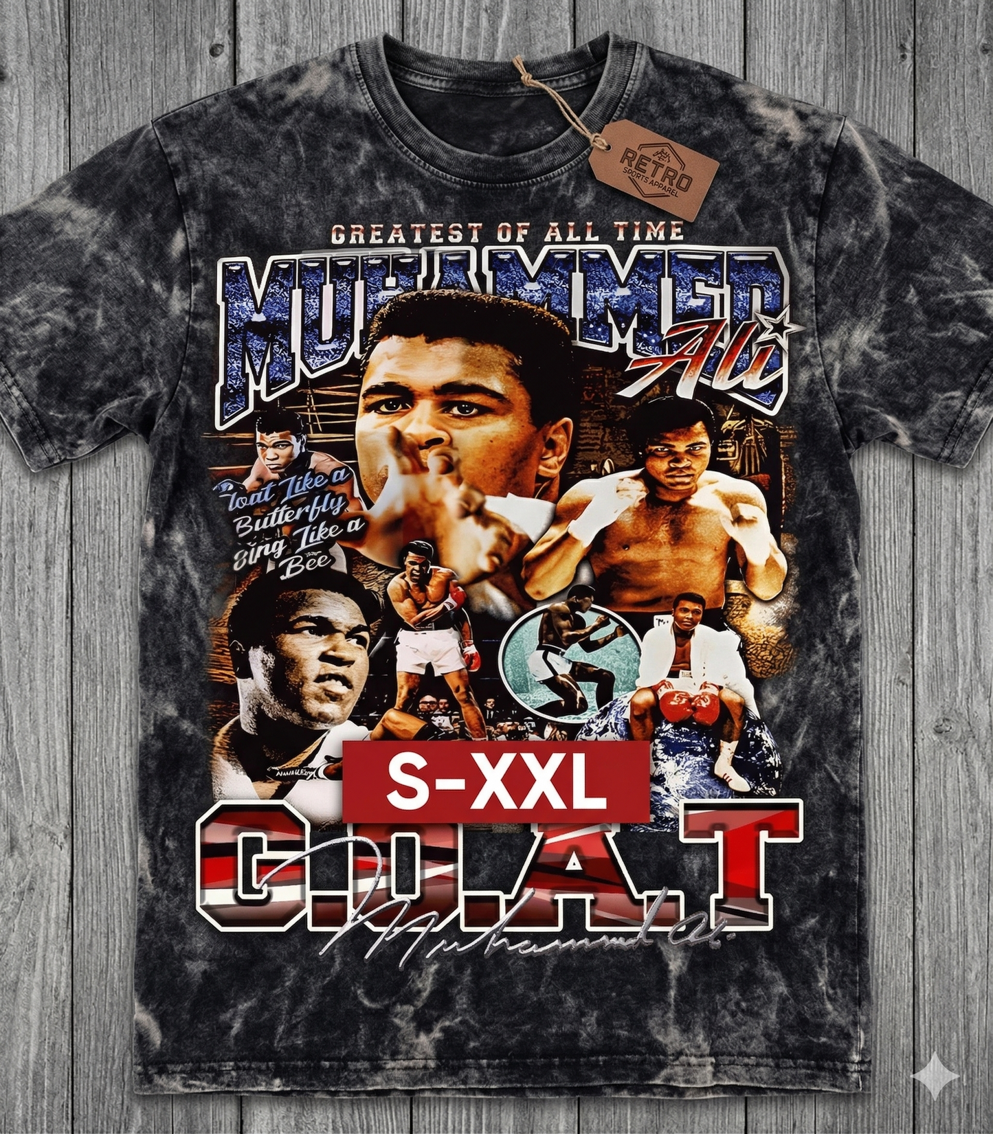 MUHAMMAD ALI Jumbo Print Acid Washed Vintage 90s Style Heavyweight T Shirt