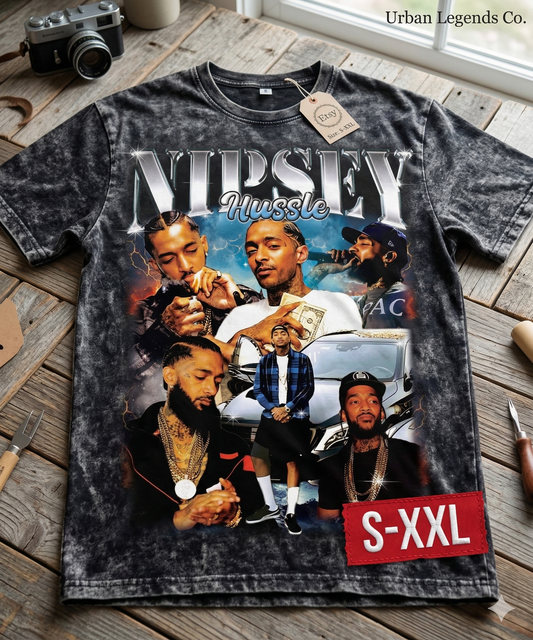 NIPSEY HUSSLE Jumbo Print Acid Washed Vintage 90s Style Heavyweight T Shirt