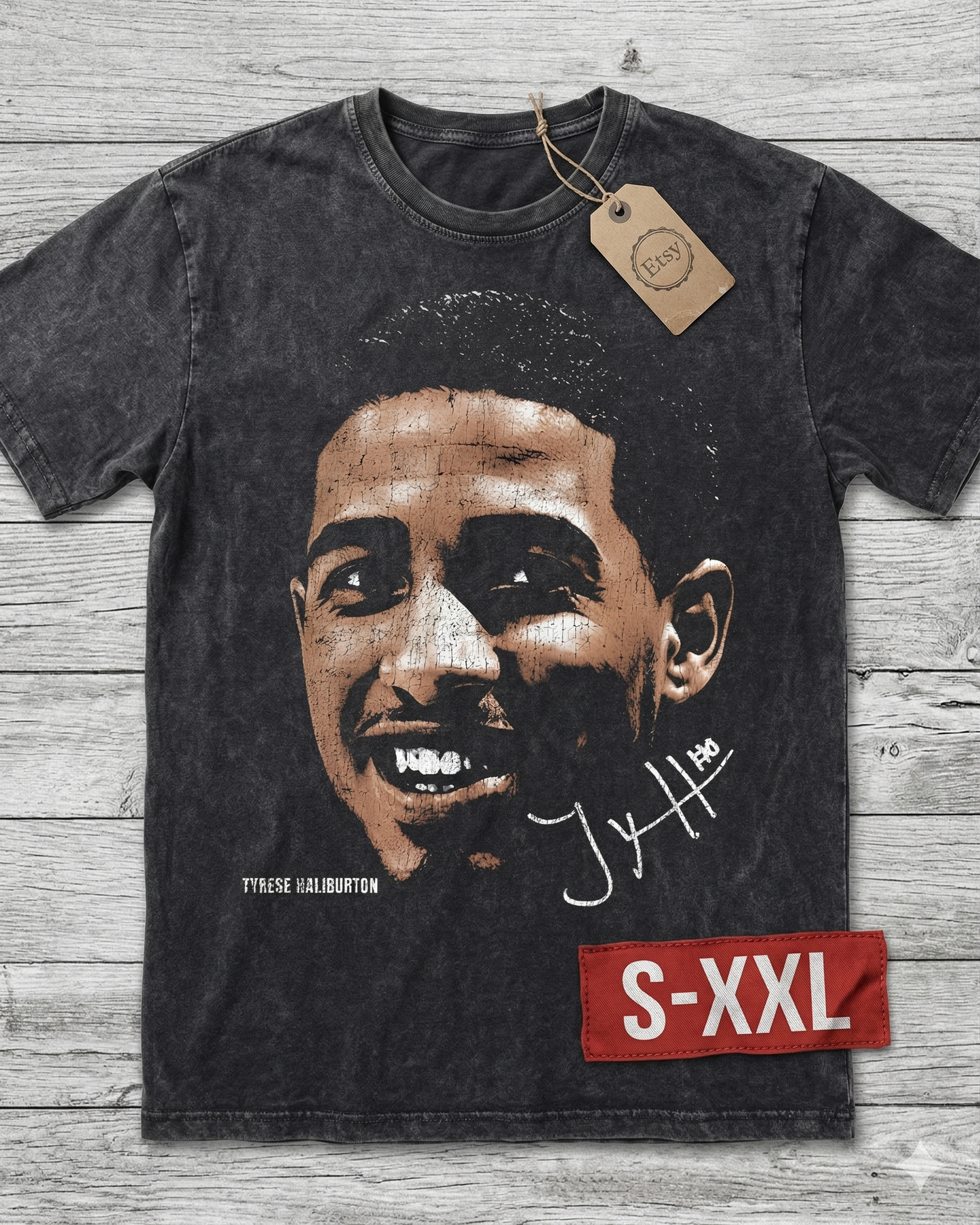 TYRESE HALIBURTON BIG FACE Jumbo Print Acid Washed Vintage 90s Style Heavyweight T Shirt