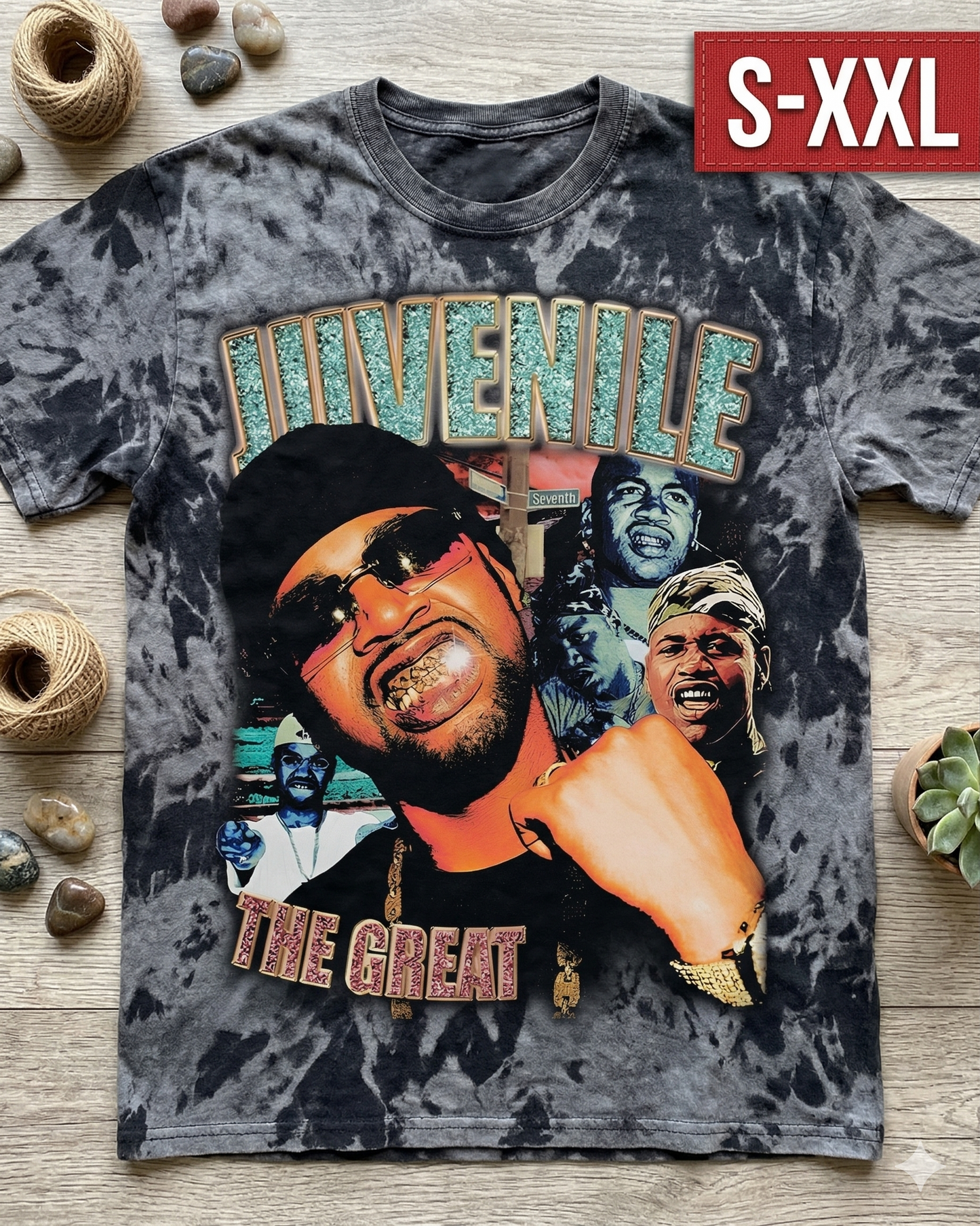 JUVENILE THE GREAT Jumbo Print Acid Washed Vintage 90s Style Heavyweight T Shirt
