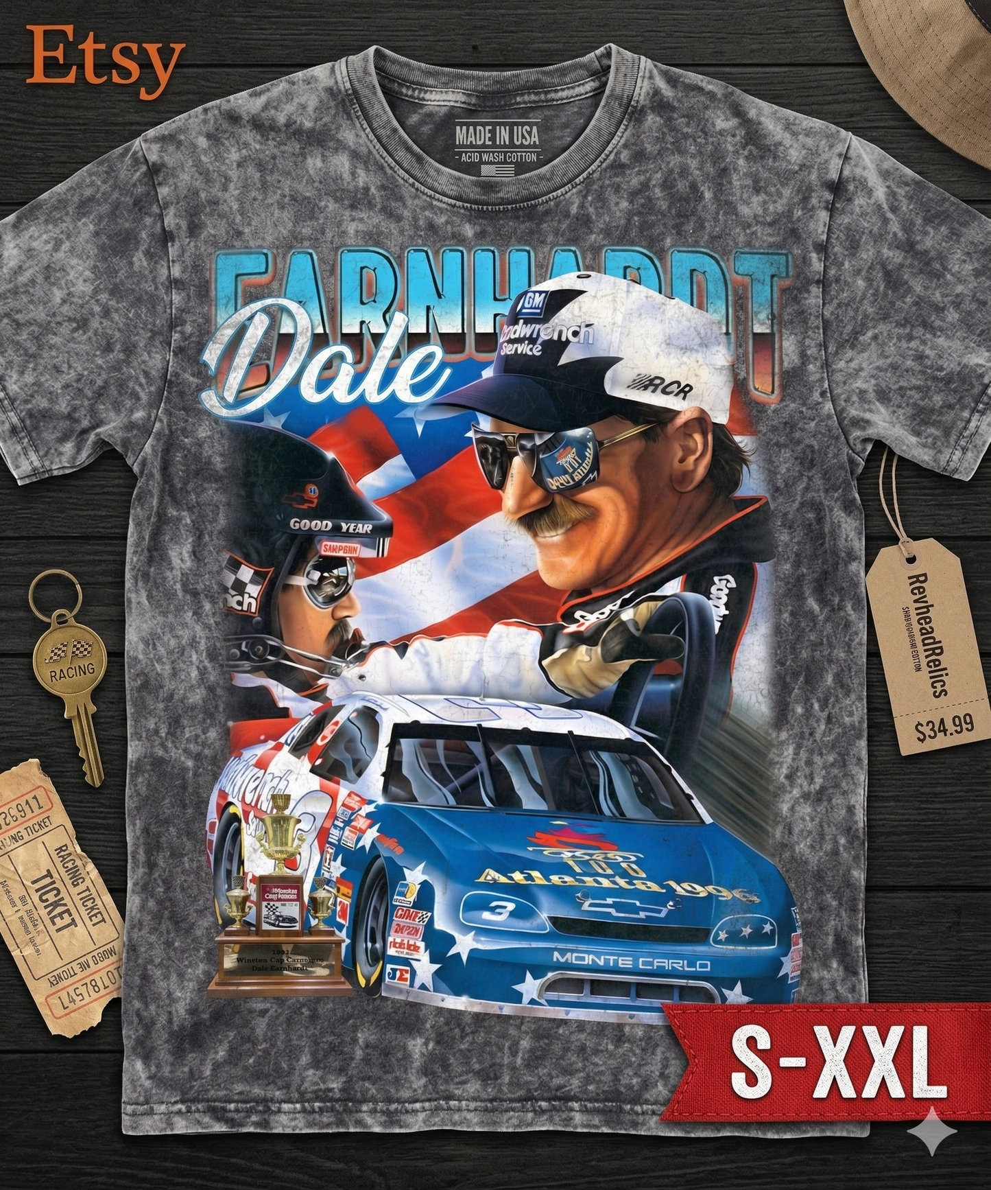 DALE EARNHARDT Jumbo Print Acid Washed Vintage 90s Style Heavyweight T Shirt