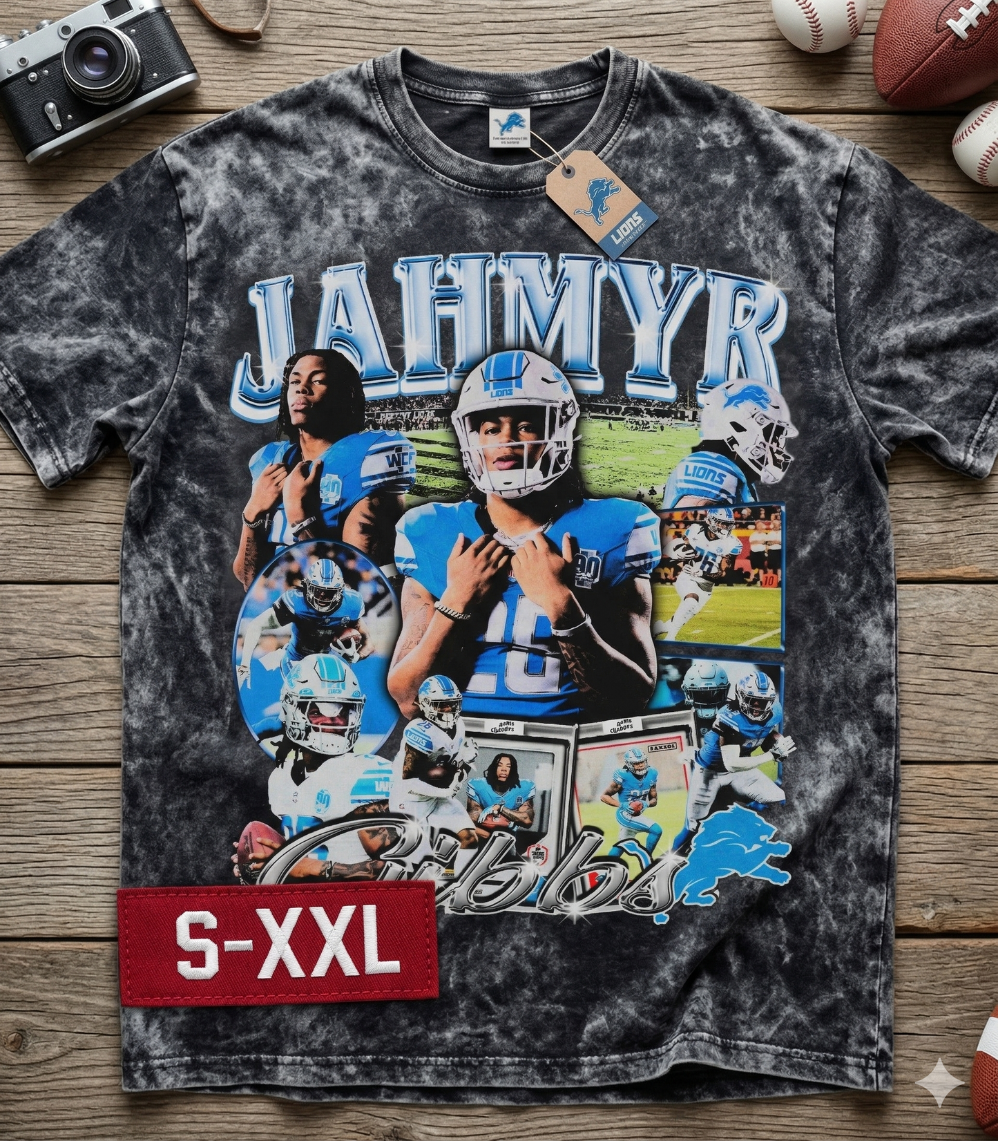 JAHMYR GIBBS Jumbo Print Acid Washed Vintage 90s Style Heavyweight T Shirt