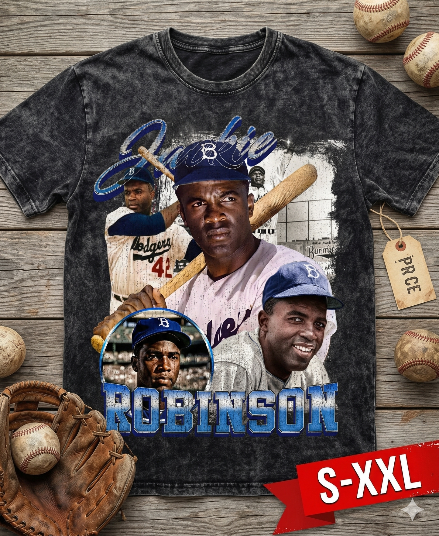 JACKIE ROBINSON Jumbo Print Acid Washed Vintage 90s Style Heavyweight T Shirt