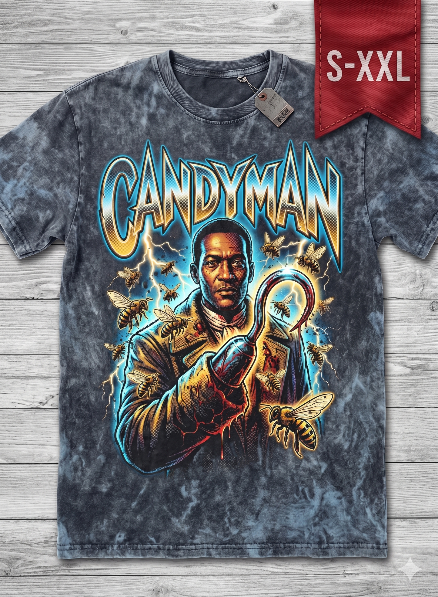 CANDYMAN Jumbo Print Acid Washed Vintage 90s Style Heavyweight T Shirt