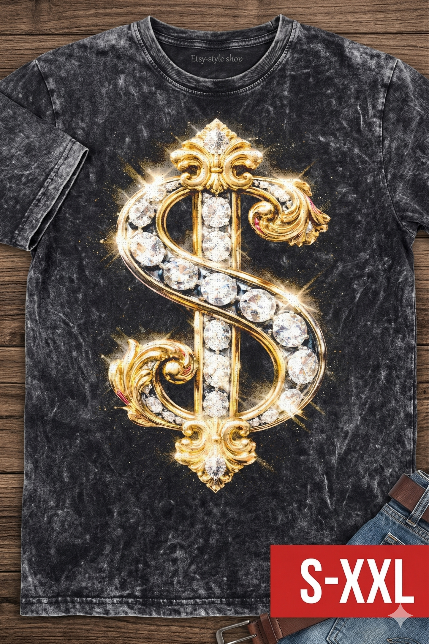 BLINGED DOLLARZ Jumbo Print Acid Washed Vintage 90s Style Heavyweight T Shirt