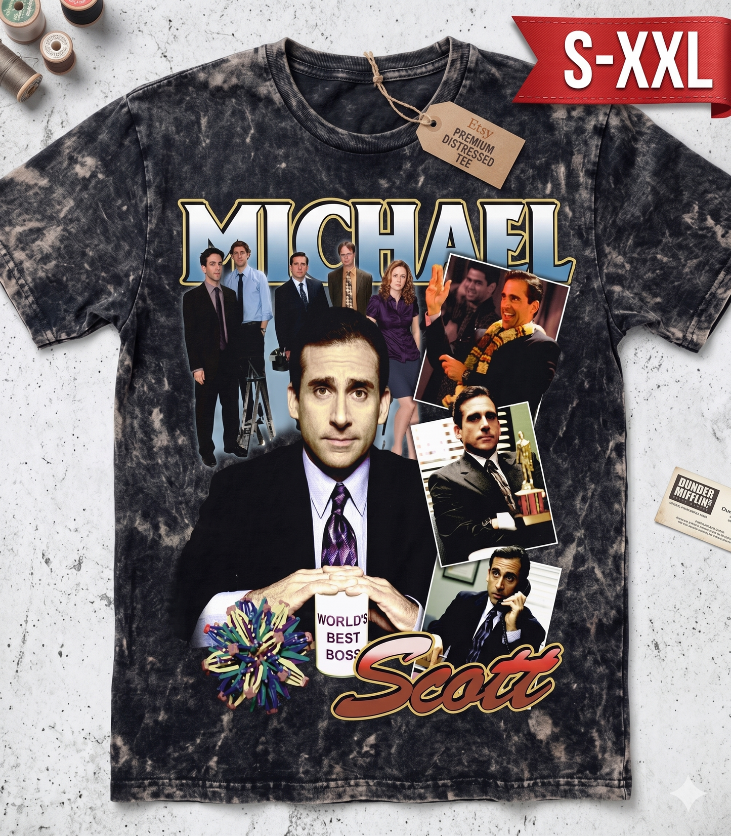 MICHAEL SCOTT THE OFFICE Jumbo Print Acid Washed Vintage 90s Style Heavyweight T Shirt