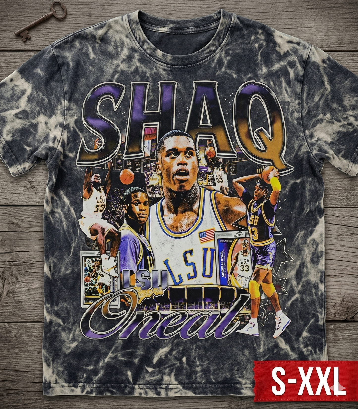 SHAQ Jumbo Print Acid Washed Vintage 90s Style Heavyweight T Shirt