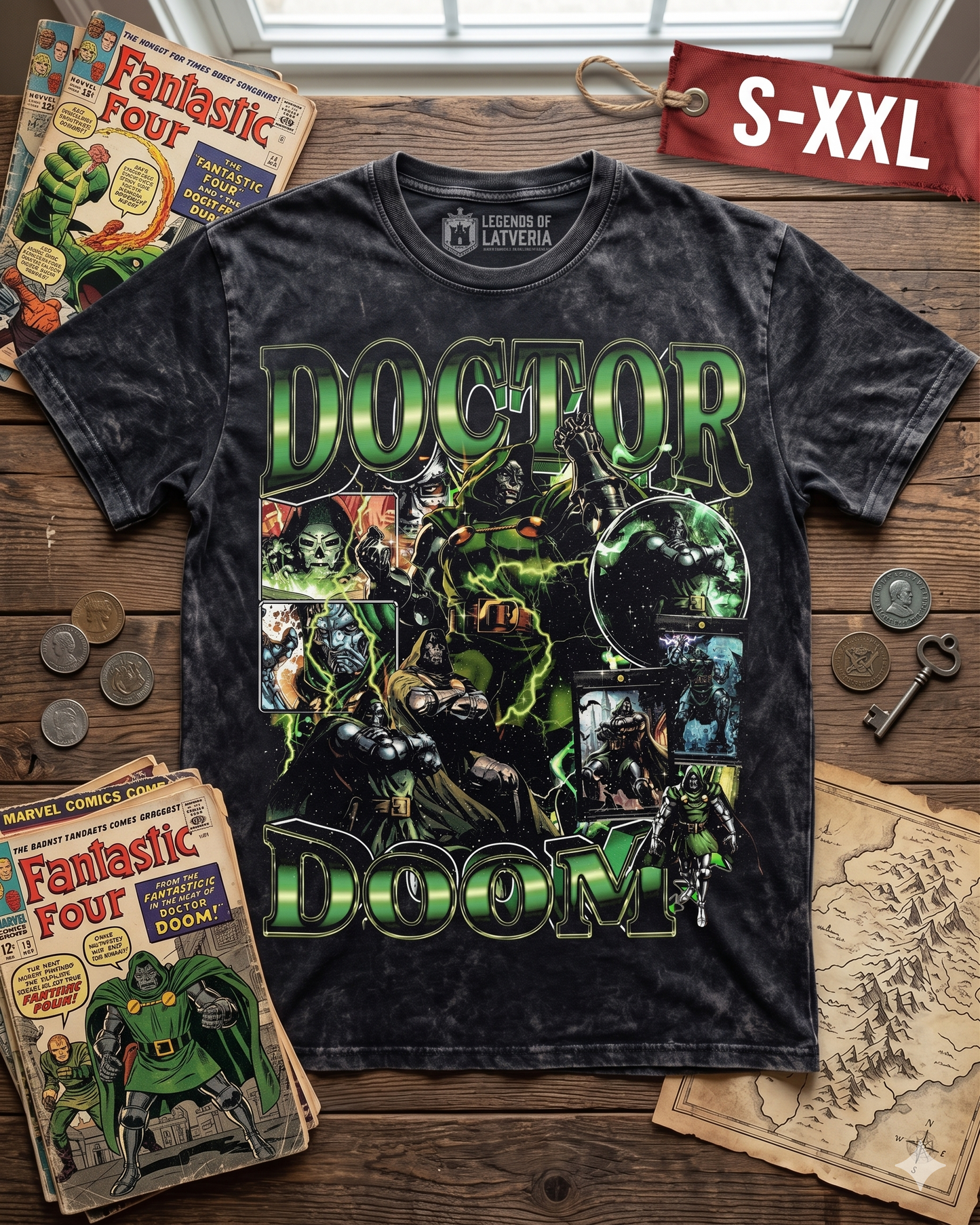 DOCTOR DOOM Jumbo Print Acid Washed Vintage 90s Style Heavyweight T Shirt