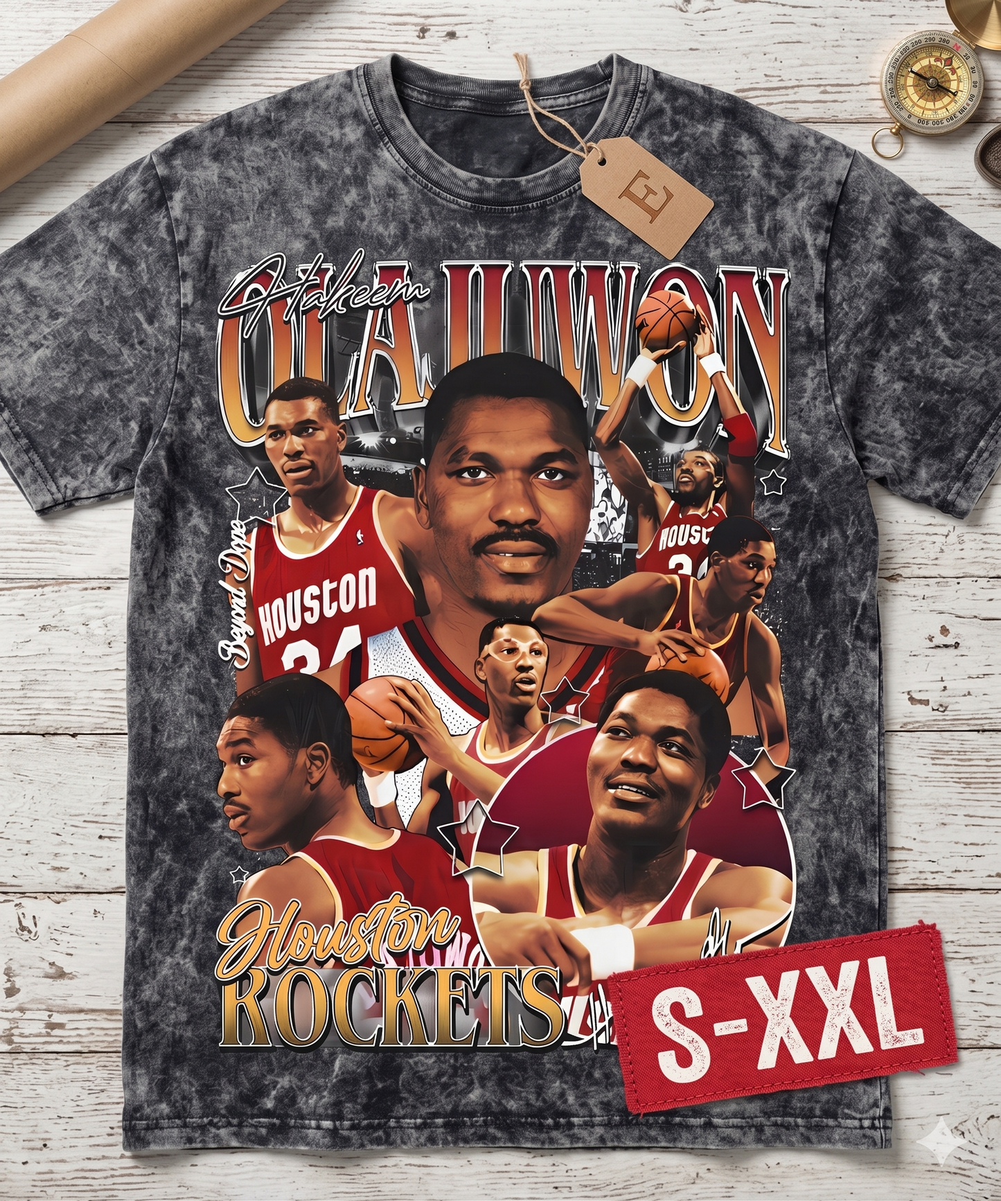 HAKEEM OLAJUWON Jumbo Print Acid Washed Vintage 90s Style Heavyweight T-Shirt